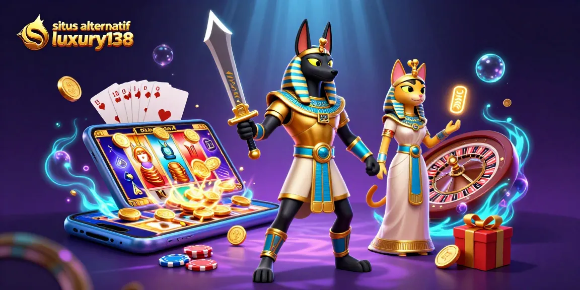 Play slots with situs alternatif luxury138, featuring Anubis and Bastet in a vibrant 3D scene.