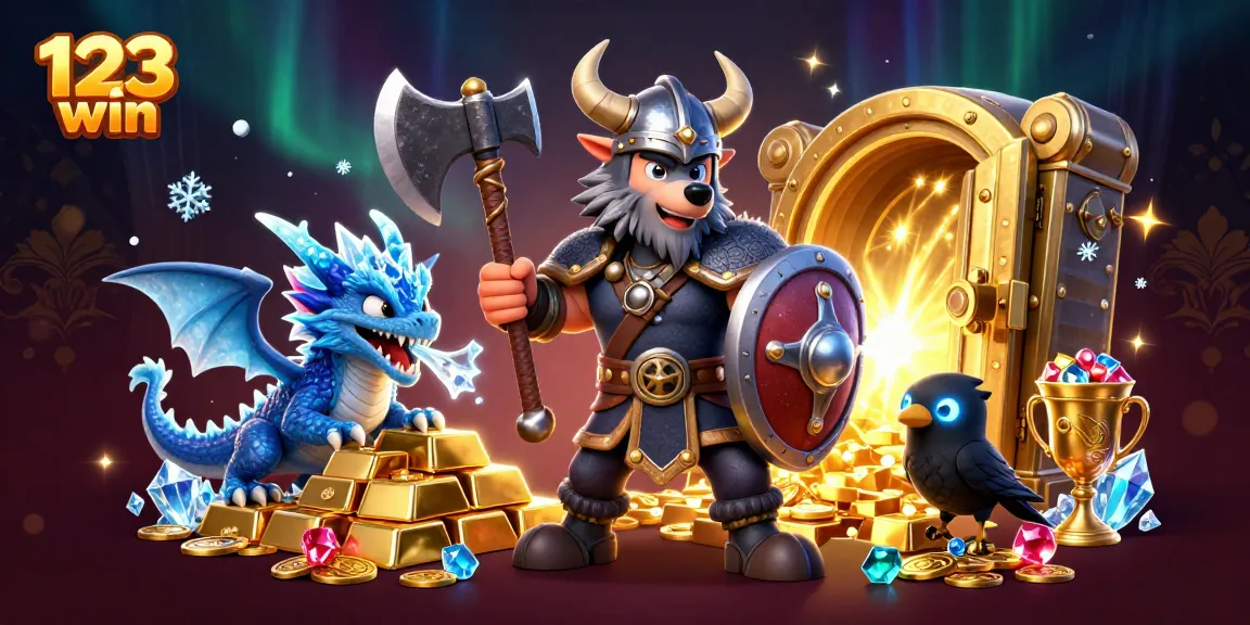 Engage with excitement at 123win com, where a Viking warrior, dragon, and treasures come alive amid glowing gems.