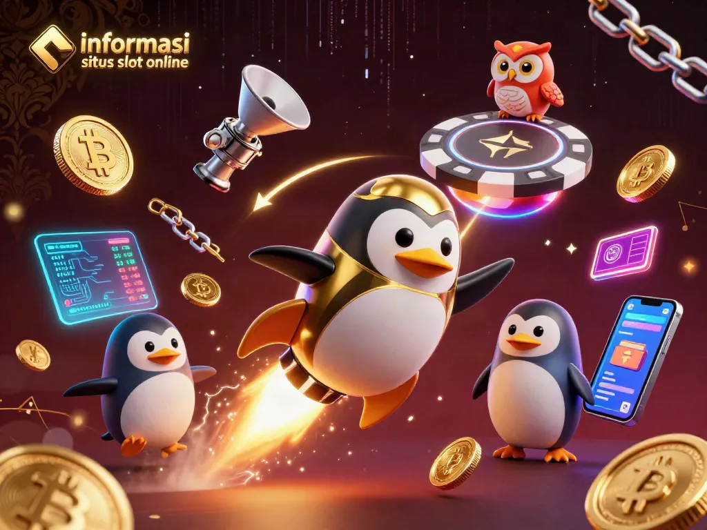 Menampilkan informasi situs slot online, penguin emas berpenggerak roket meluncur ke kasino luar angkasa.
