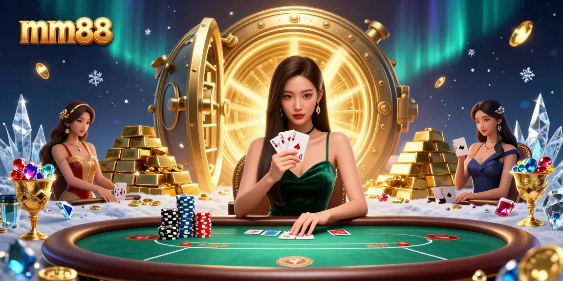 mm88 casino game strategy illustrated with an Asian woman at a poker table, rich details.