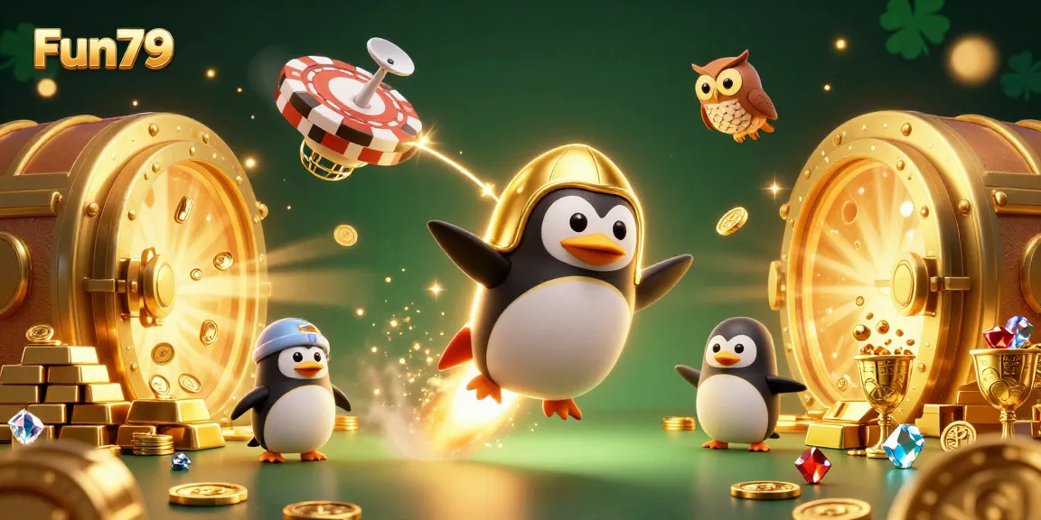 Experience Fun79's thrilling game environment with a golden penguin flying towards a casino.