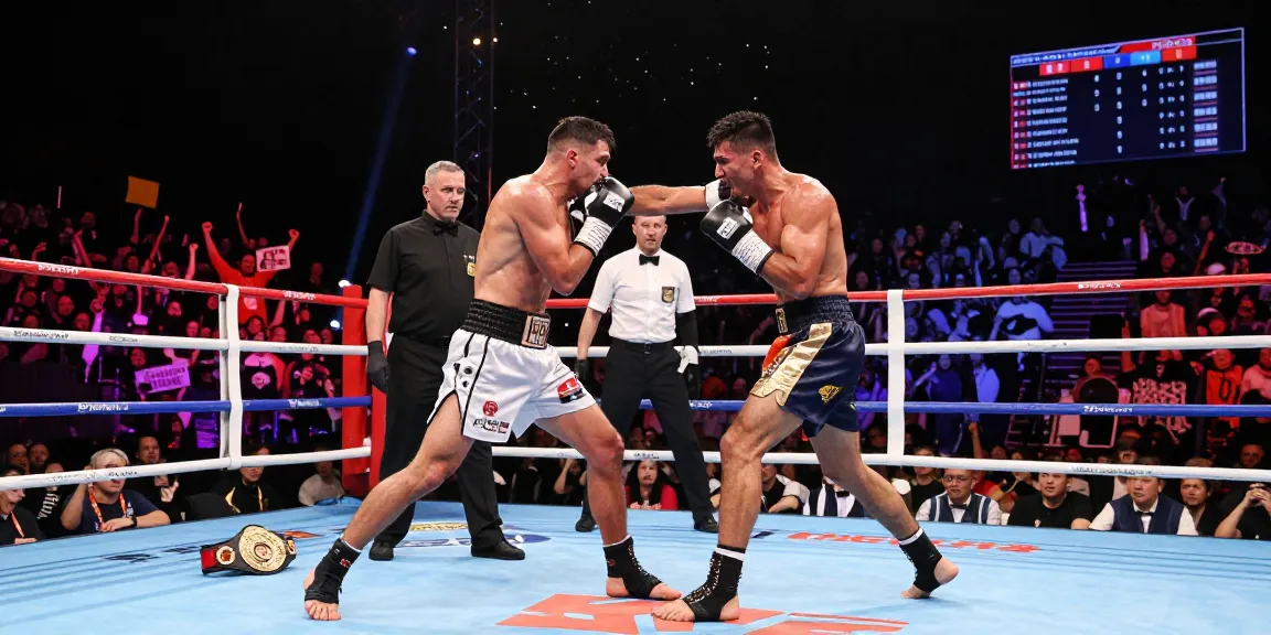 Boxing match showcasing fighters vying for undisputed champion title in an energetic arena.