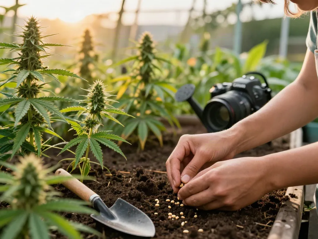 Gardener planting CBD seeds in rich soil with lush greenery around.