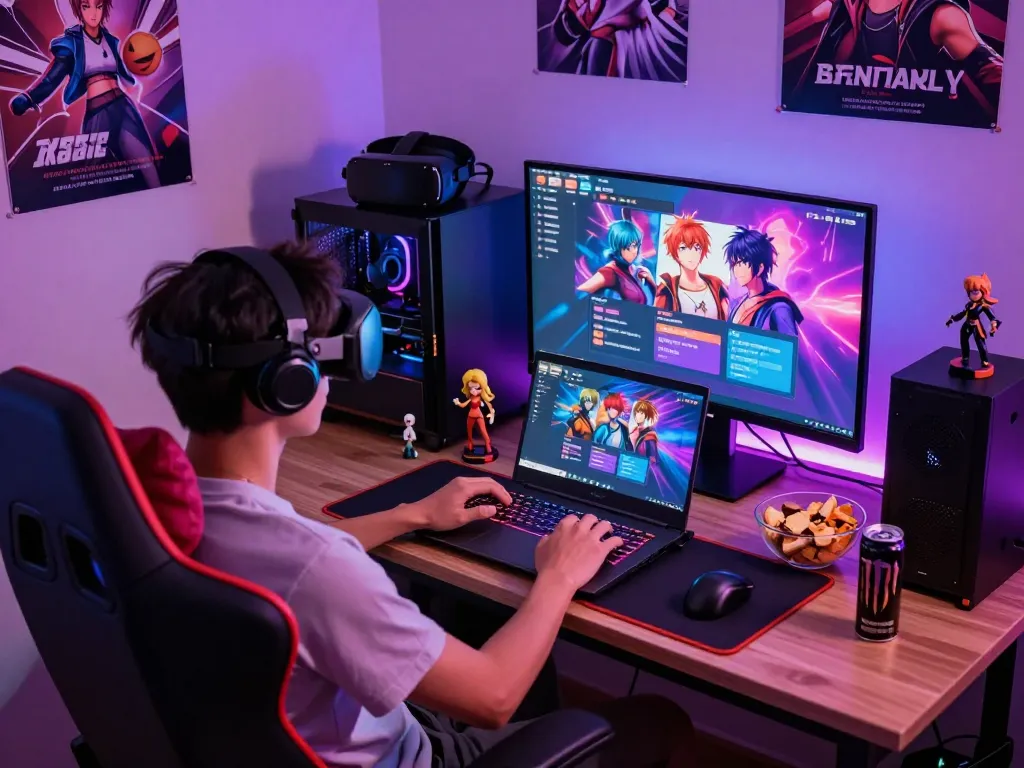 Engaged gamer enjoying online sex games in a cozy gaming setup
