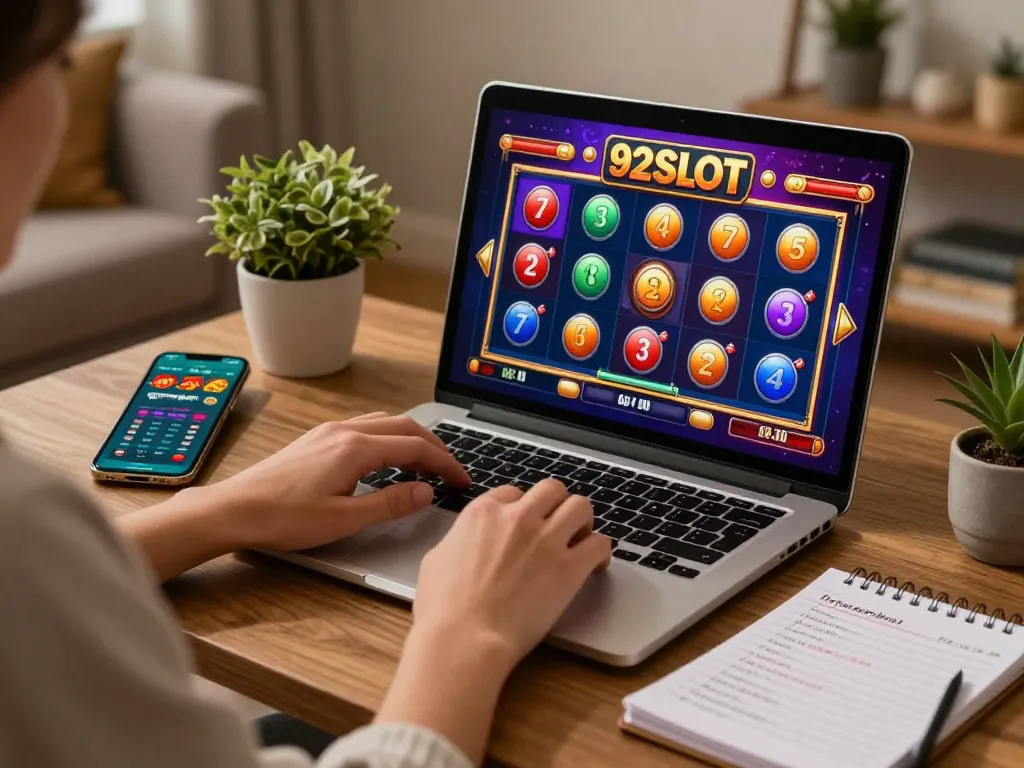 Person strategizing while playing 92slot in a cozy living room environment.