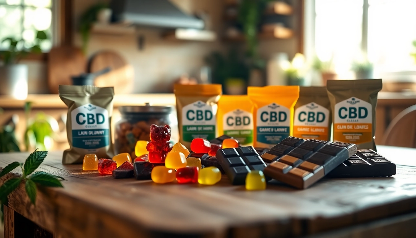 Tempting assortment of CBD edibles uk presented on a wooden table, showcasing vibrant gummy bears and chocolate.
