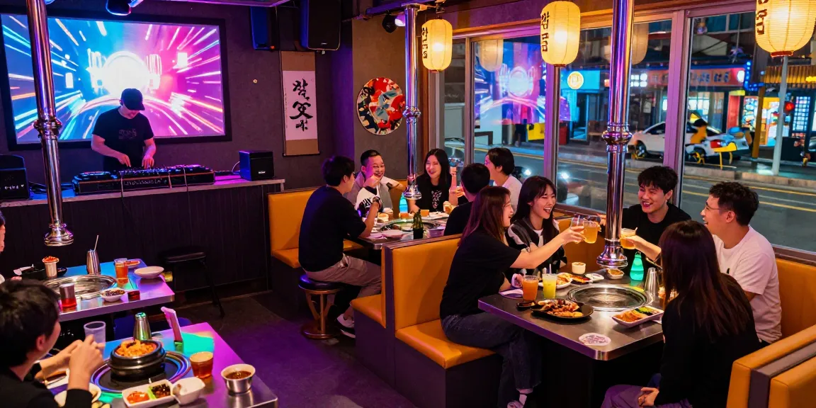 Enjoying festive night at 상봉동 한국관나이트 with friends, colorful decor and BBQ.