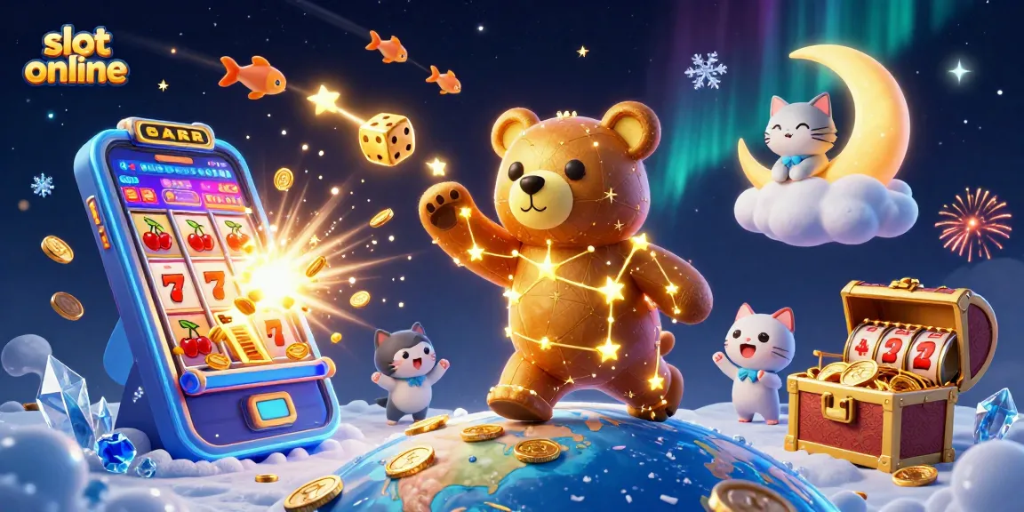 Experience slot online excitement with a cosmic bear, treasure symbols, and vibrant confetti.