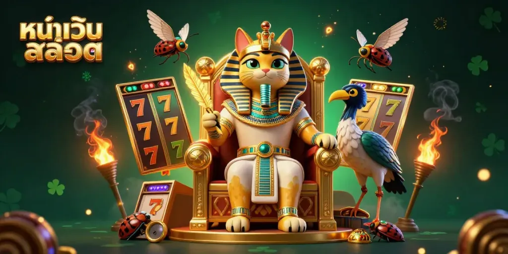 Experience the vibrant world of หน้าเว็บสล็อต with a captivating Egyptian casino theme showcasing a pharaoh cat, slot reels, and dazzling gold.