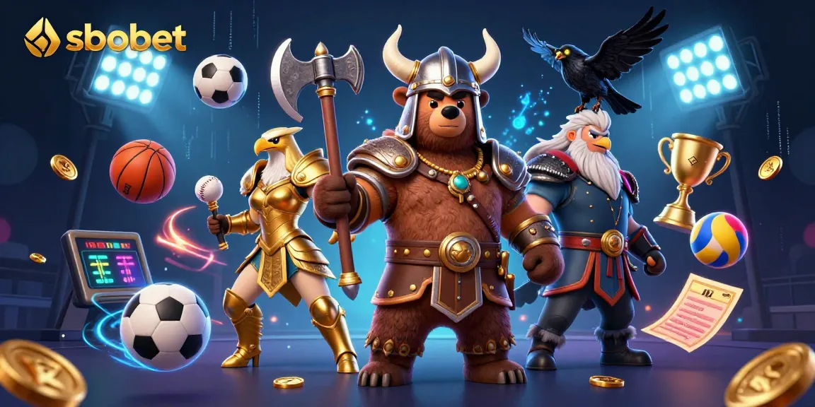 sbobet sports betting scene featuring a Viking bear, Valkyrie eagle, and dynamic sports balls.
