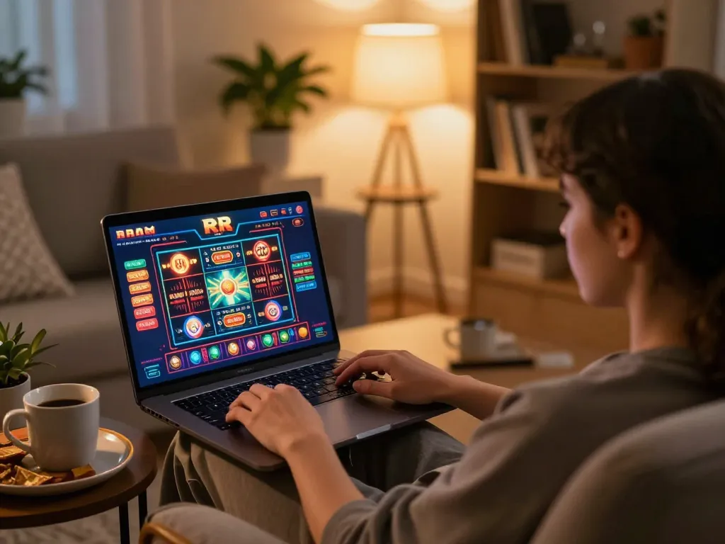 Player engaging with RR 88 online casino on laptop, showcasing vibrant gaming interface
