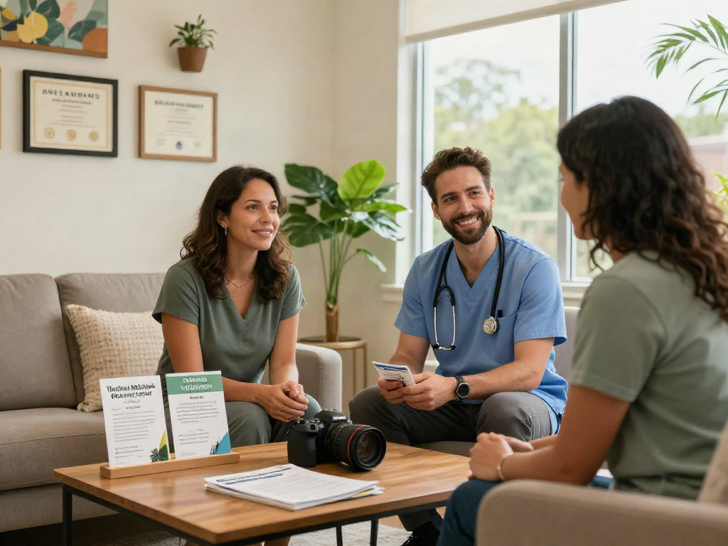 Patient discussing Texas MMJ card with a healthcare professional in a cozy clinic.