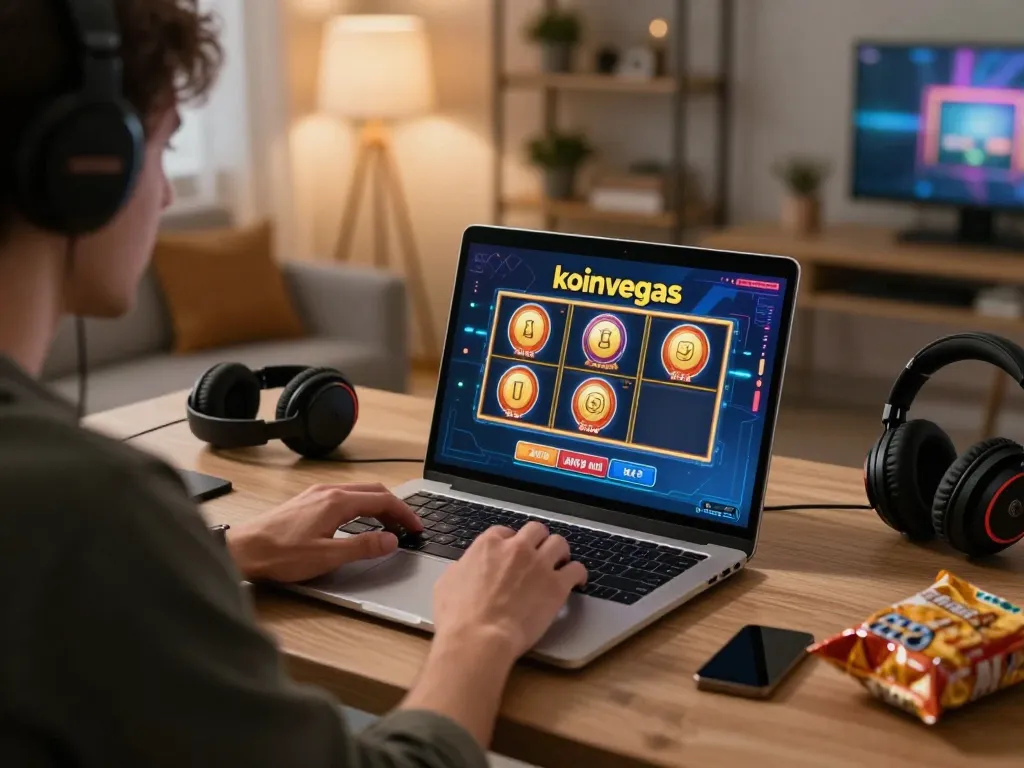 Engaged player spins koinvegas slot game on laptop in a stylish home office