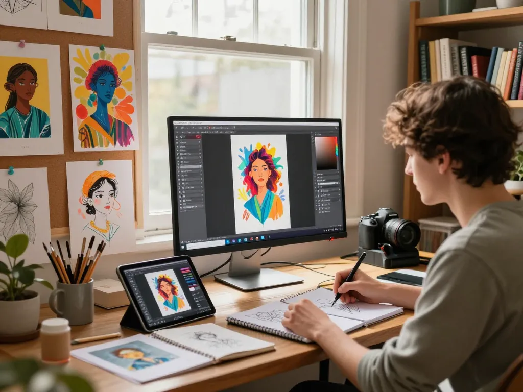 Young artist using the nano banana AI image editor to generate vibrant digital art in a creative workspace.