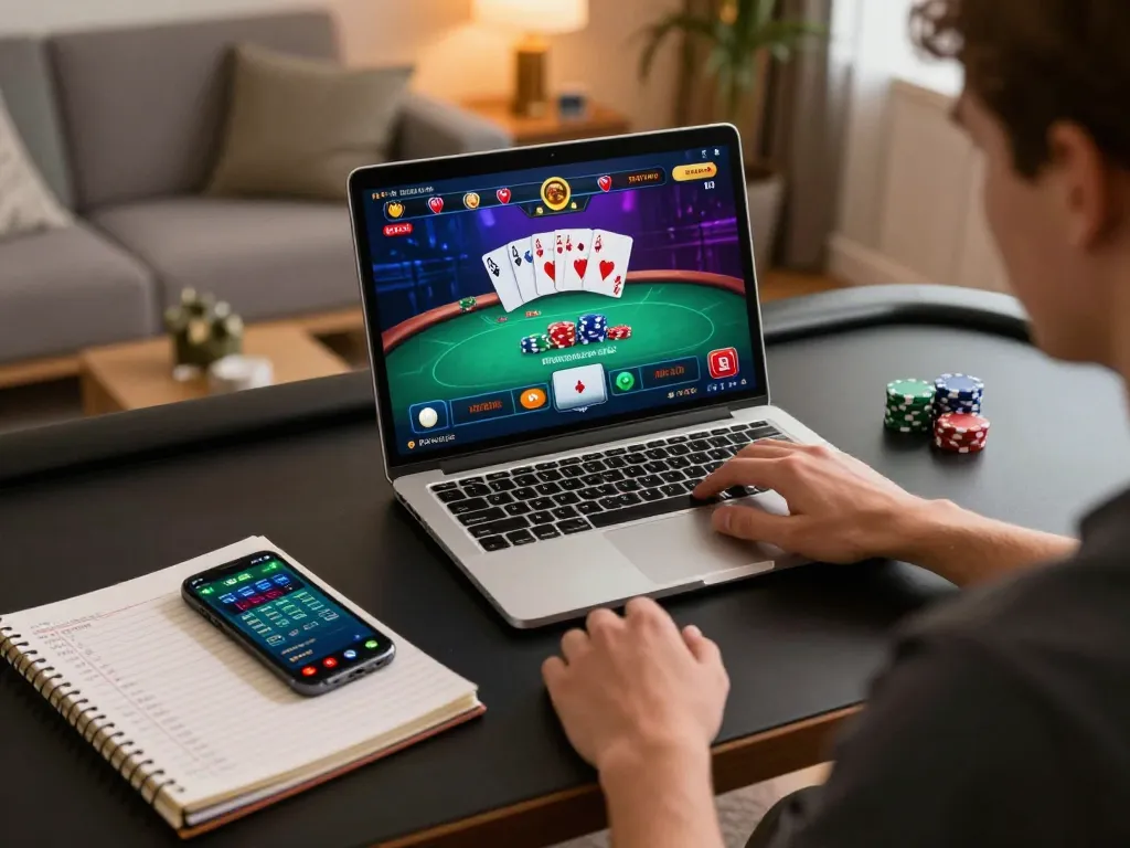 Engaged in poker gameplay, 99win player's laptop screen displays vibrant cards and chips while strategic notes surround the setup.