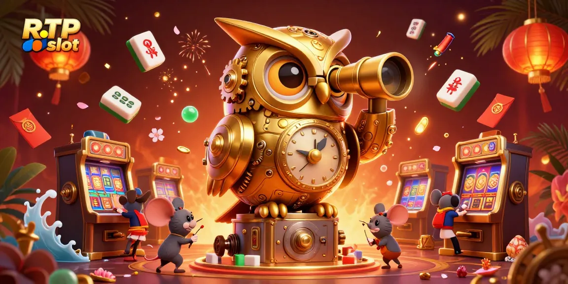 Engage with the mesmerizing RTP slot world illustrated by a golden owl and vibrant casino elements.