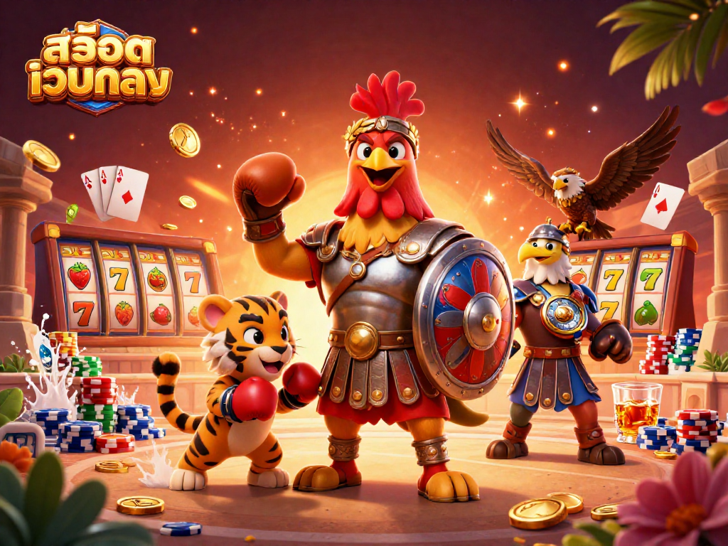Experience exciting สล็อตเว็บตรง with a gladiator rooster and vibrant casino elements in this 3D illustration.