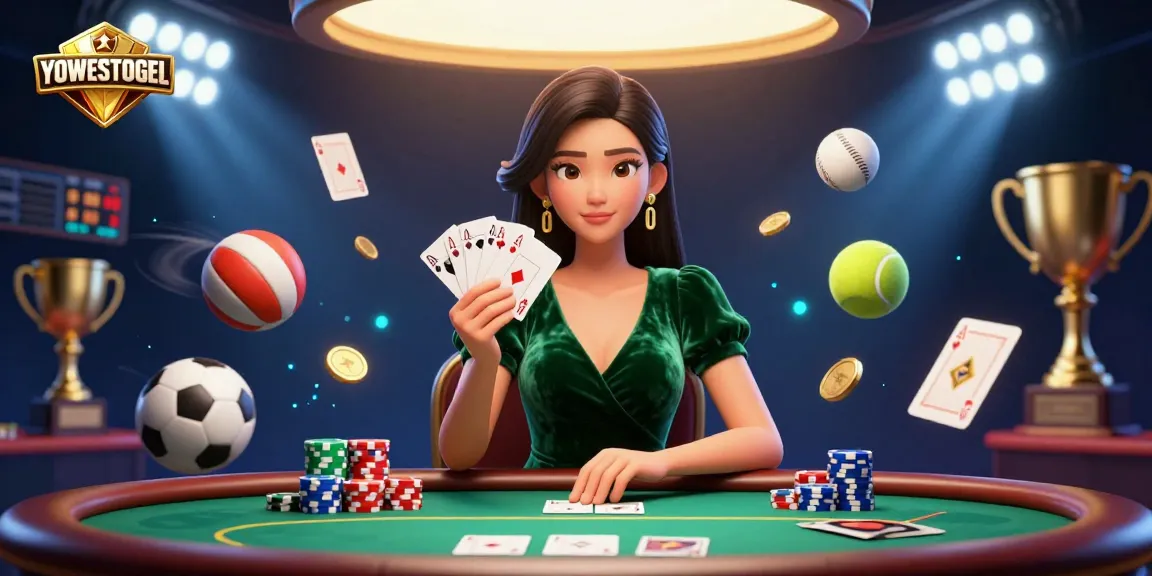YOWESTOGEL showcases a beautiful Asian woman playing poker, surrounded by dynamic sports elements.