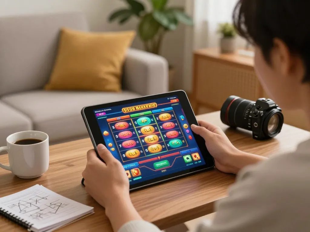 Player engaged in a situs slot game on a tablet, showcasing vibrant graphics in a cozy home.