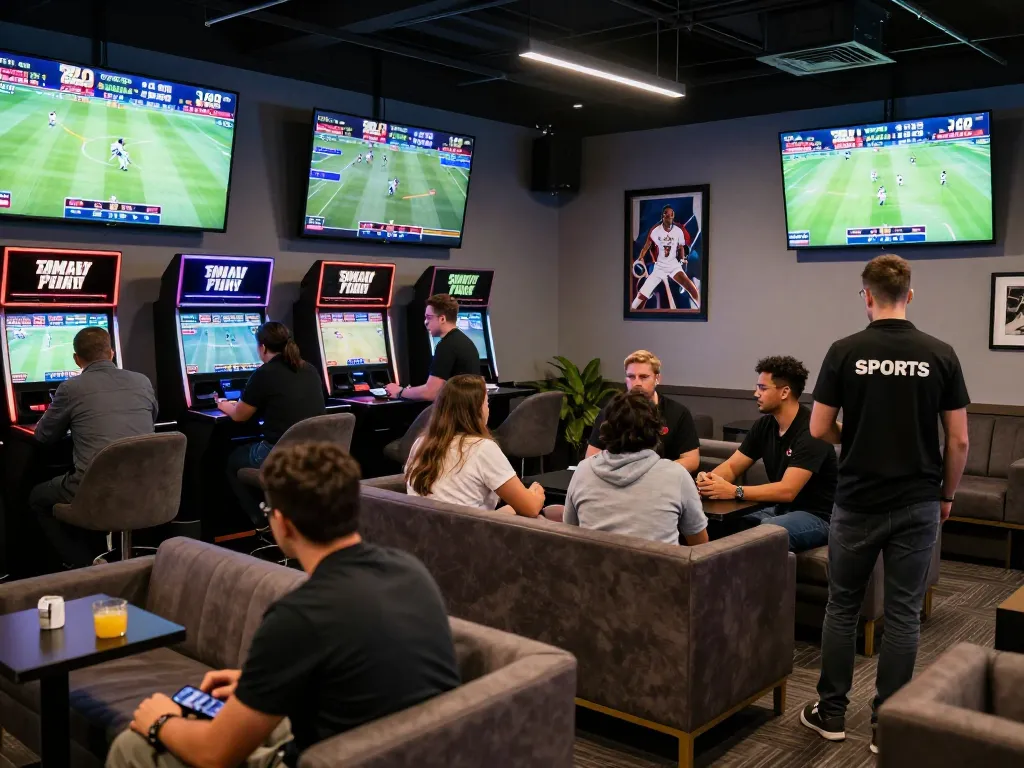 Patrons enjoying sports betting in the vibrant ZX88com lounge with live game screens.