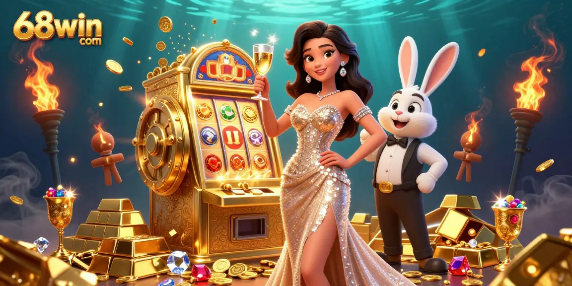 Experience exceptional wins at 68win com while toasting with golden glasses beside a jackpot.