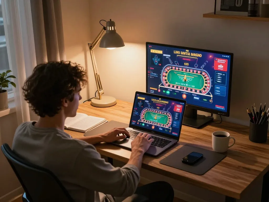 FLY88 player enjoying an online roulette game in a cozy, well-lit home environment
