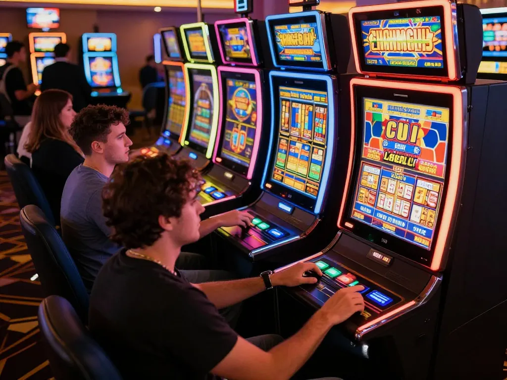 Players engaged in a thrilling slot bet 100 at vibrant casino machines for an exciting gaming experience.
