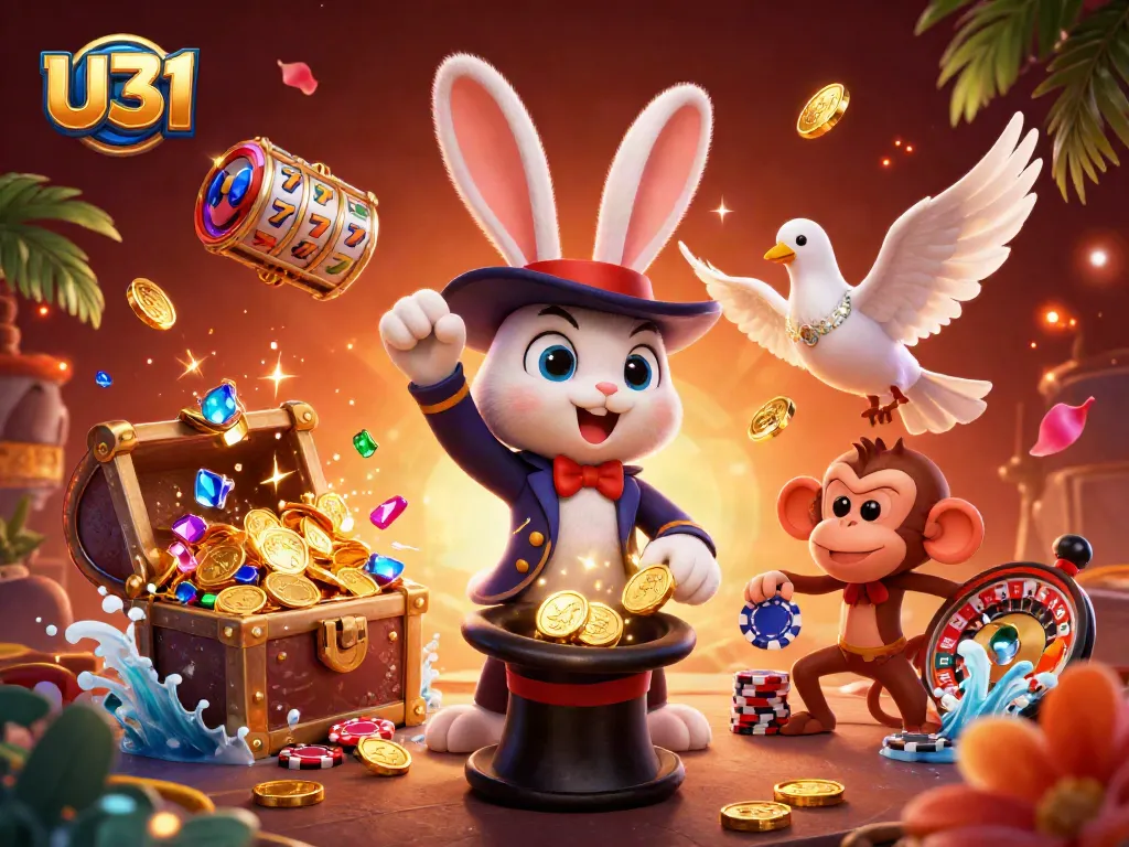 Experience U31's magic with a playful rabbit and dazzling symbols of casino excitement.