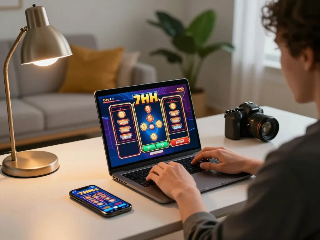 Engaging online slots gameplay at 7hh on a laptop with a cozy ambiance.