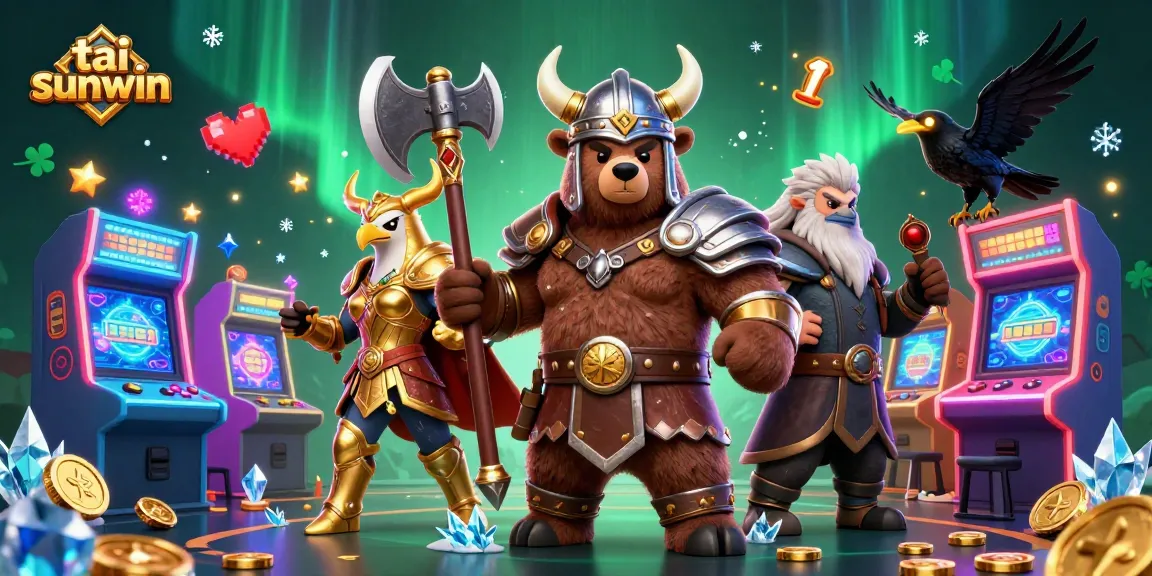 Engage with dynamic tai sunwin gaming experience featuring Viking and Valkyrie characters amidst vibrant casino elements.