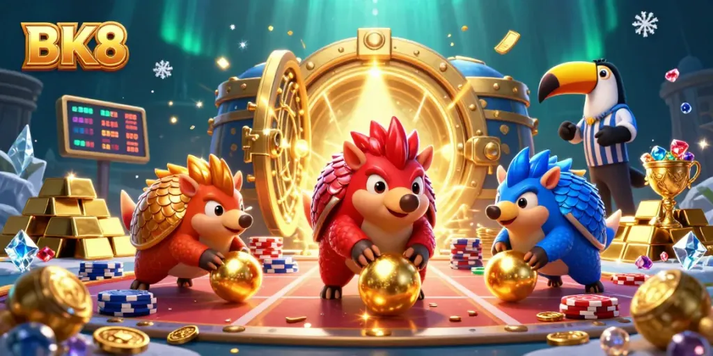 Experience the thrill of BK8 as rival pangolins compete amidst shimmering casino treasures.