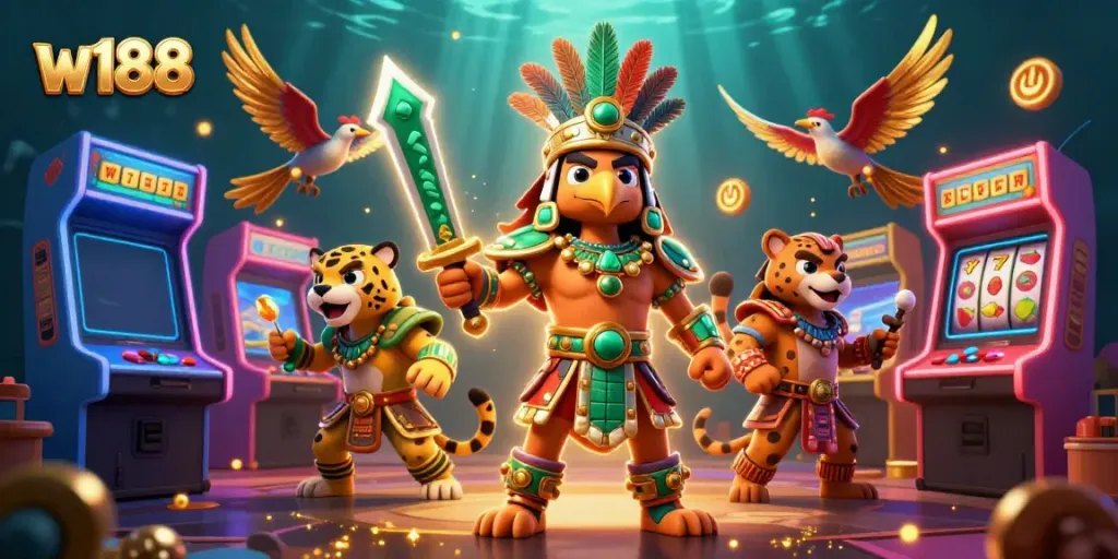 Experience vibrant gaming action at w188 with Aztec warriors in an immersive casino setting.