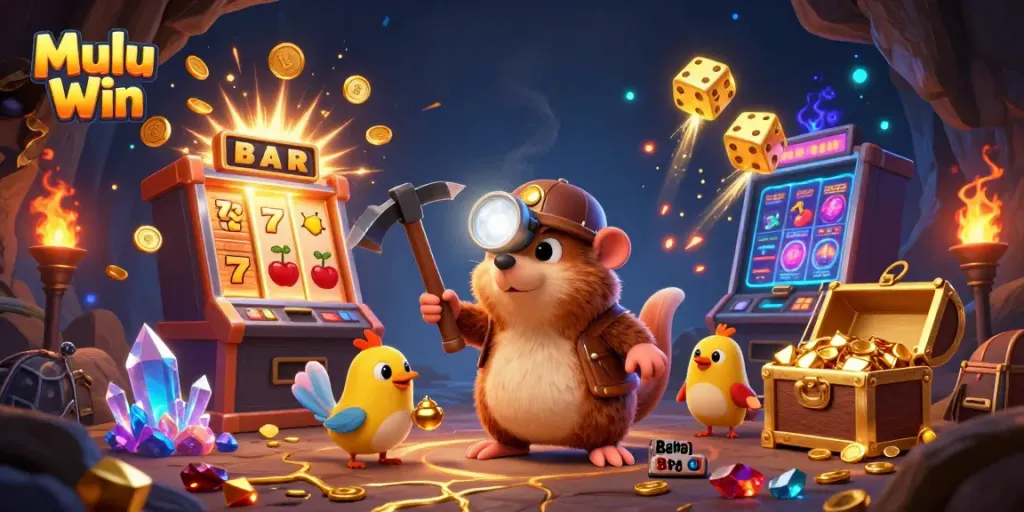 Mulu Win energizes your gaming experience with an exciting scene of a treasure hunter mole and canary in a vibrant casino-themed illustration.