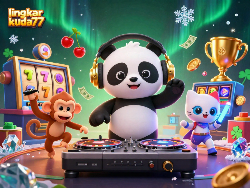 Slot online menarik dengan lingkar akses kuda77 dan karakter unik serta elemen kasino.