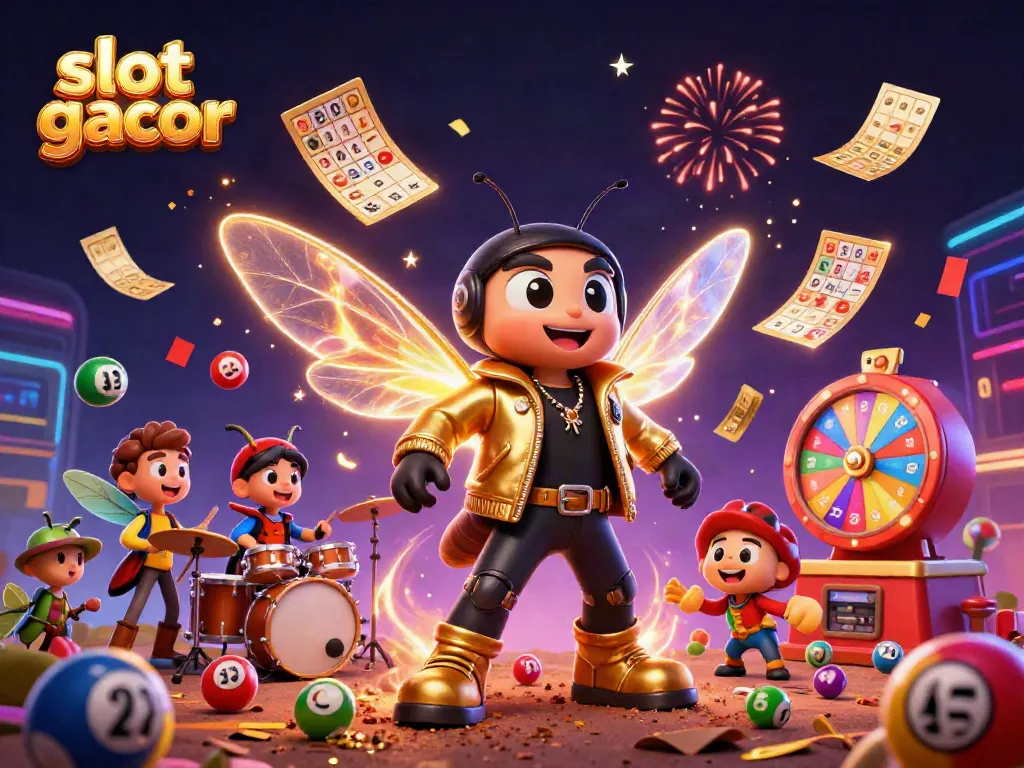 Bermain slot gacor dengan cicada rock star dan drummer, dikelilingi bola lotere berwarna.