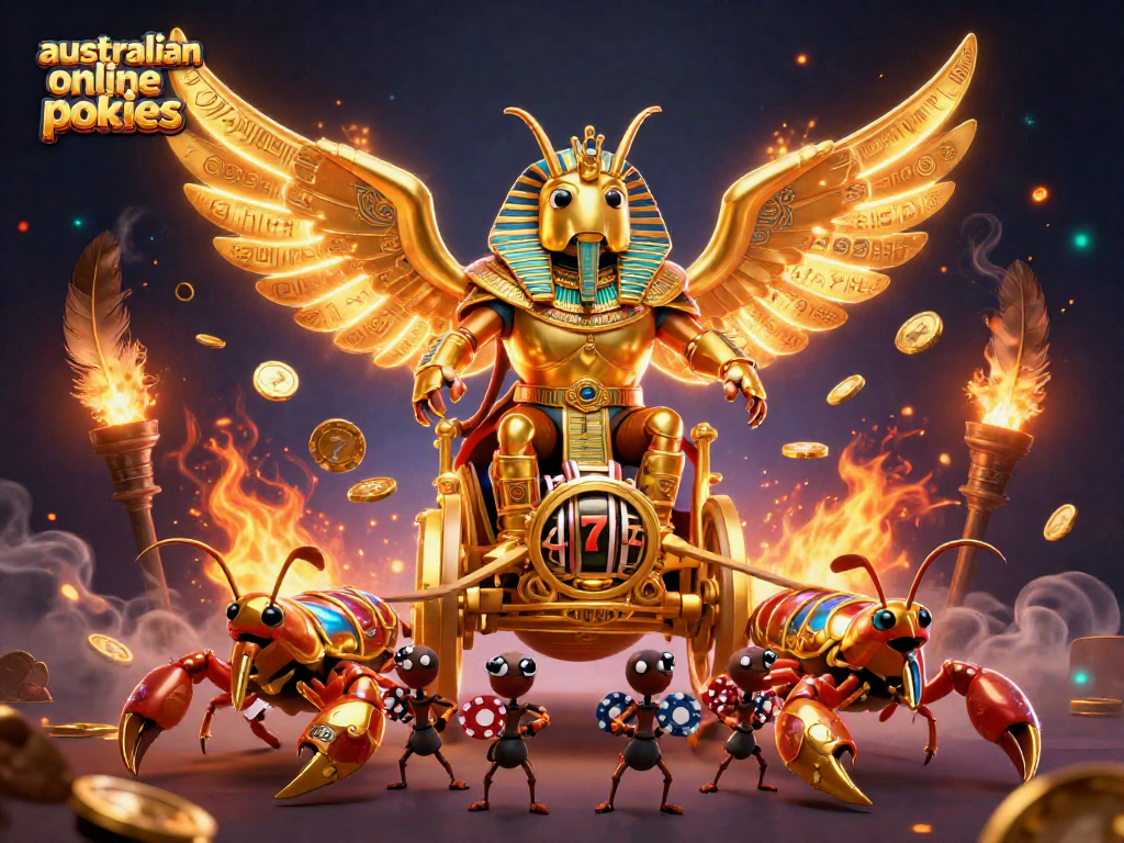 Spin big with australian online pokies featuring gold scarab and scorpions, lively scene.