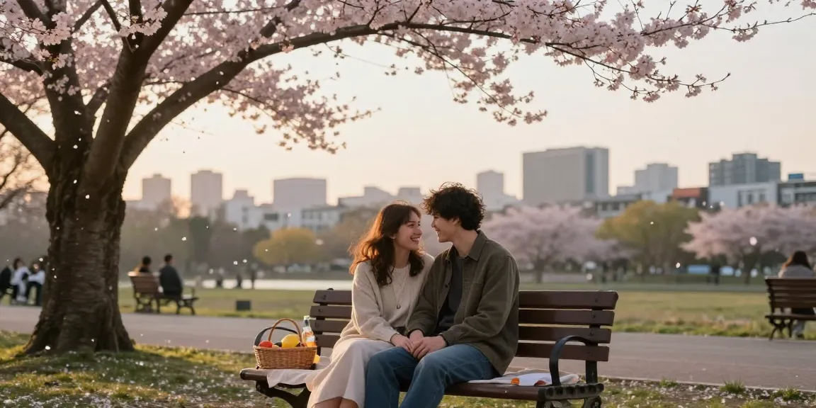 Young couple in an urban park sharing a romantic moment that captures the essence of having a crush on someone.