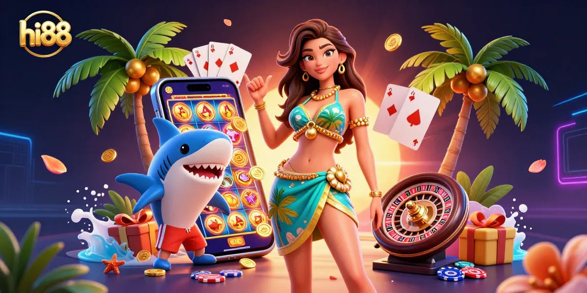 Win big at hi88 with vibrant slot games, golden coins, and 3D characters in a rich casino scene.