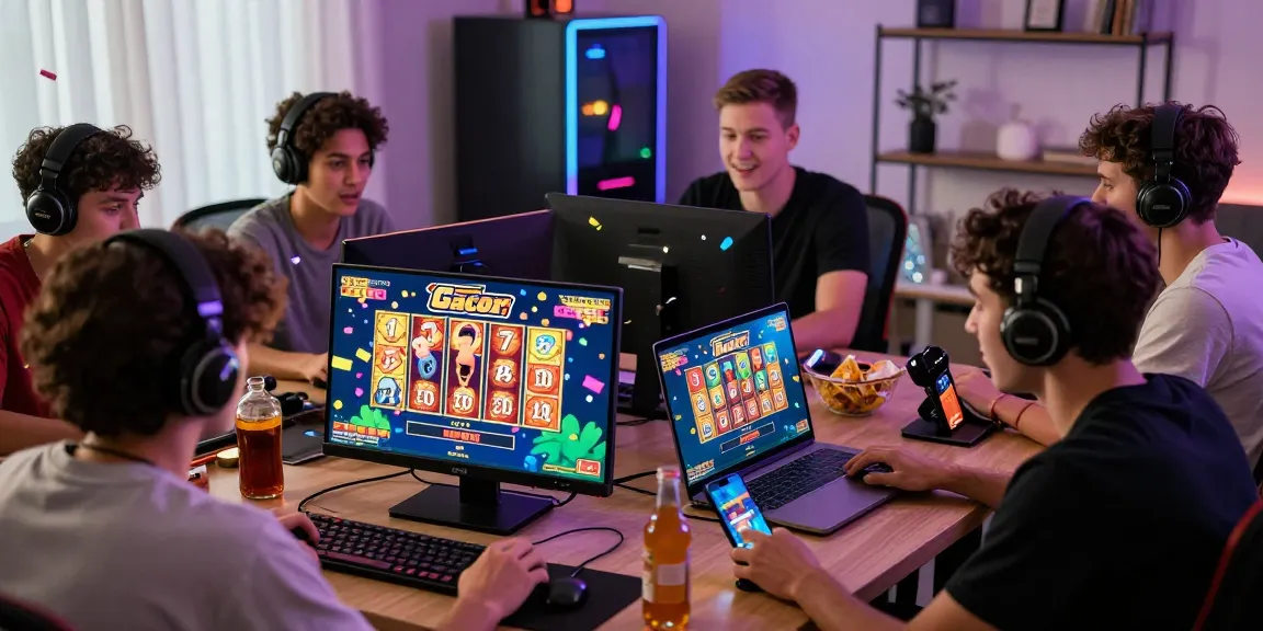 Exciting online gaming atmosphere with players enjoying slot gacor games, celebrating wins among colorful lights.