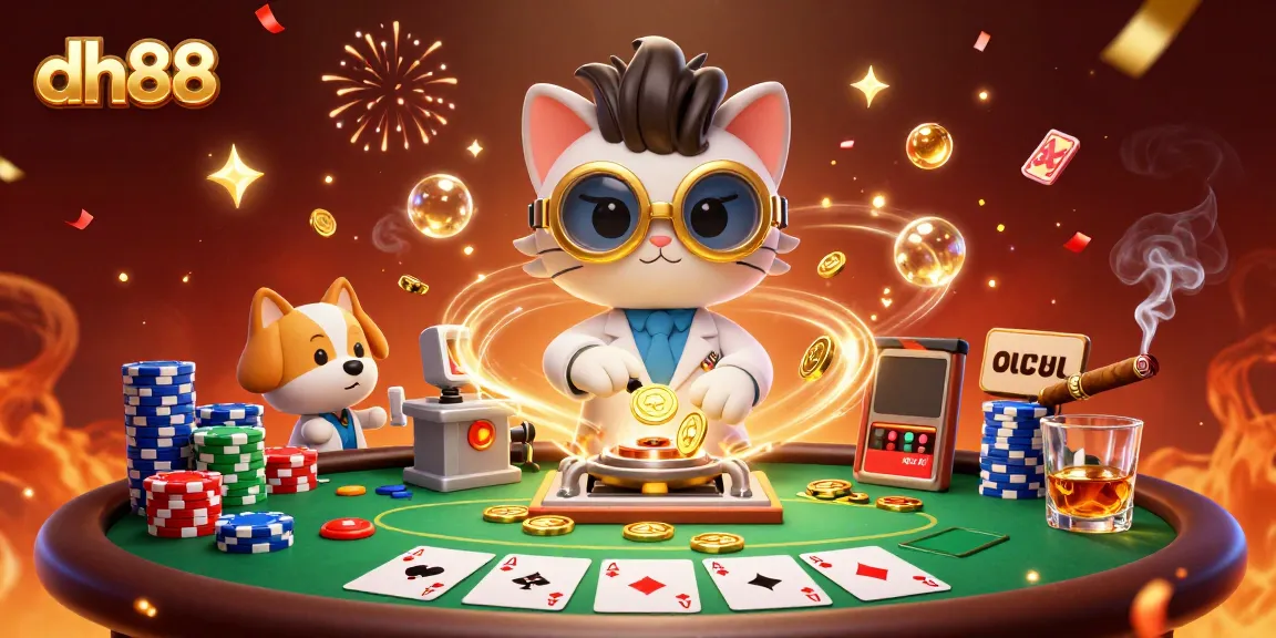 Experience thrilling action with dh88 at a vibrant casino scene featuring a mad scientist cat.