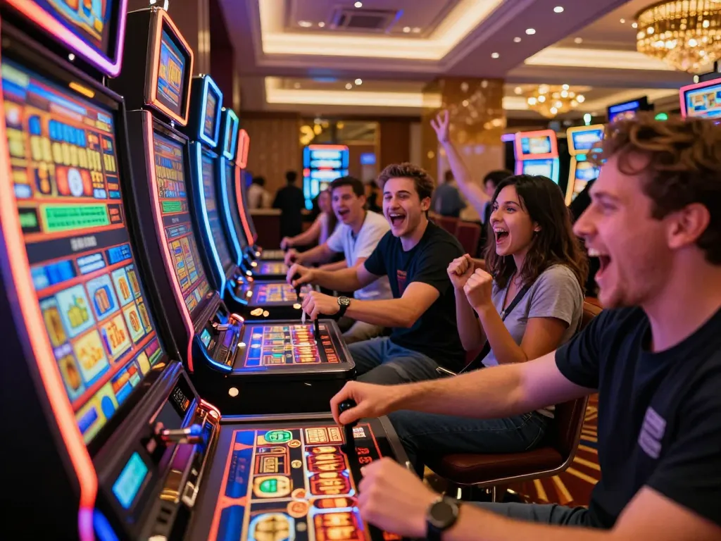 Players experiencing thrilling moments at https://rikvip75.com/ with vibrant slot machines and big wins.