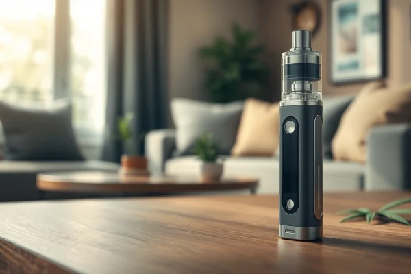 Elegant cannabis vape pen resting on a wooden table, showcasing premium design and textures.