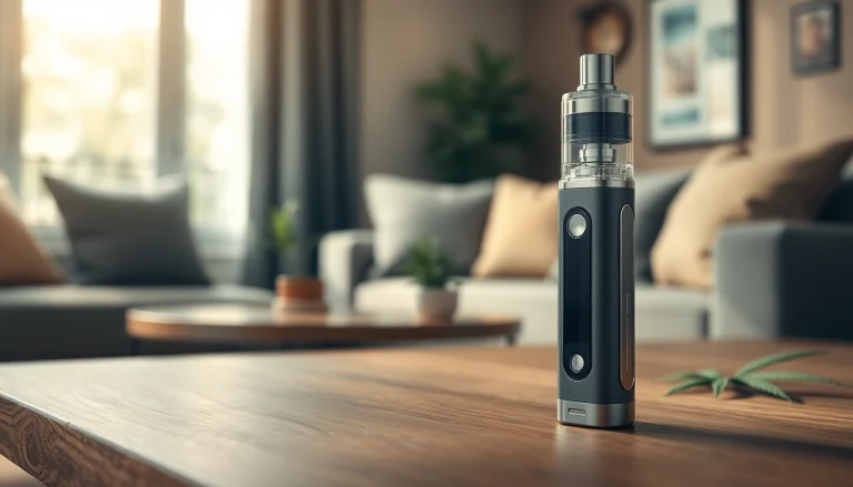 Elegant cannabis vape pen resting on a wooden table, showcasing premium design and textures.