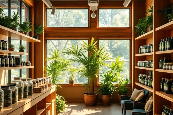 Showcase of cannabis products in a vibrant weed store with inviting atmosphere.