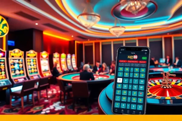 Exciting gaming at trang chủ hay88 with vibrant slot machines and poker tables.