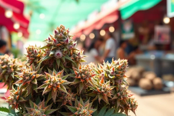 Admire the vibrant Miami Runtz strain buds in an energetic cannabis market setting.