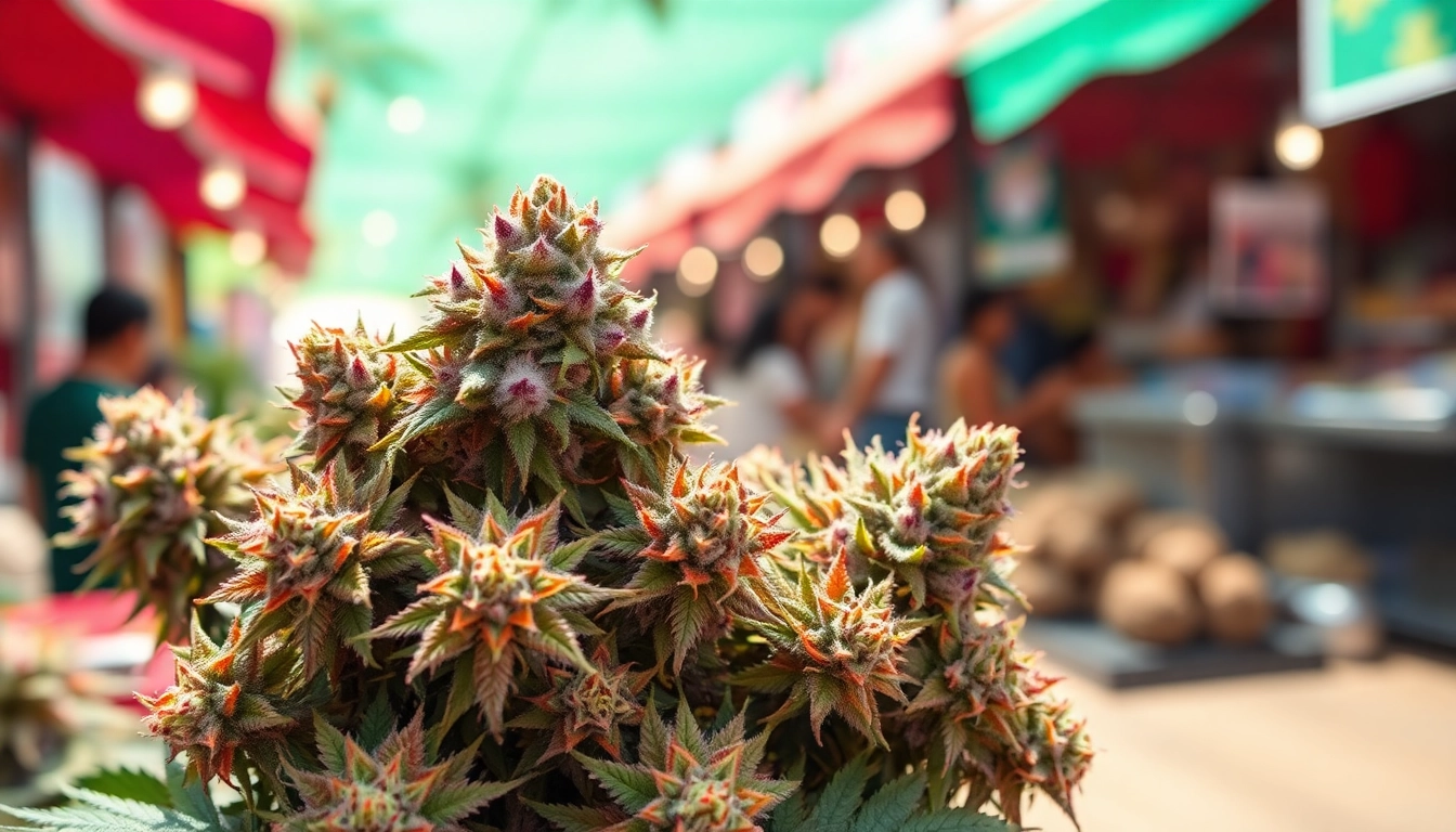 Admire the vibrant Miami Runtz strain buds in an energetic cannabis market setting.