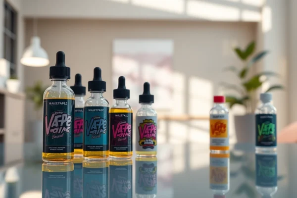 Showcasing vibrant Vape & E-Liquids bottles on a reflective surface, inviting exploration of flavor.