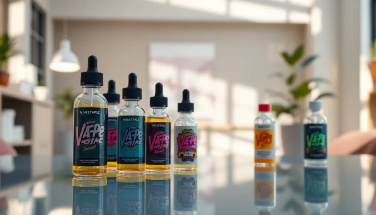 Showcasing vibrant Vape & E-Liquids bottles on a reflective surface, inviting exploration of flavor.