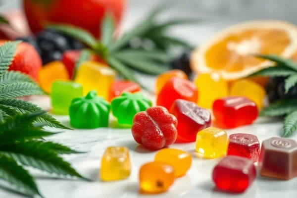 Indulge in vibrant Weed Gummies arranged with cannabis leaves for a healthy treat.